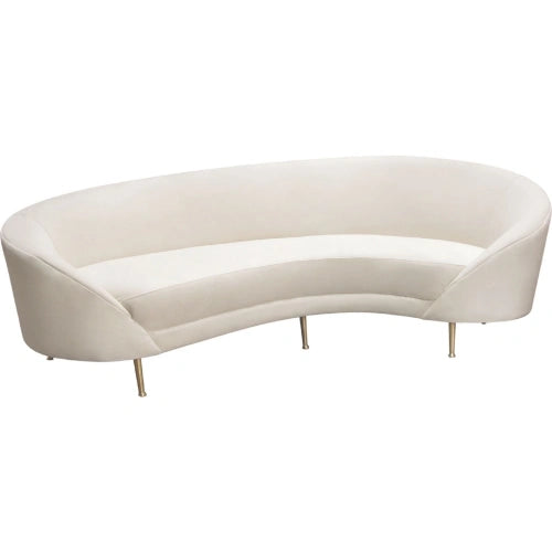 Celine Curved Sofa with Contoured Back in Light Cream Velvet and Gold Metal Legs