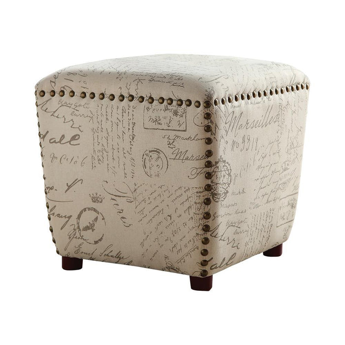 Lucy Upholstered Ottoman with Nailhead Trim Off White and Grey
