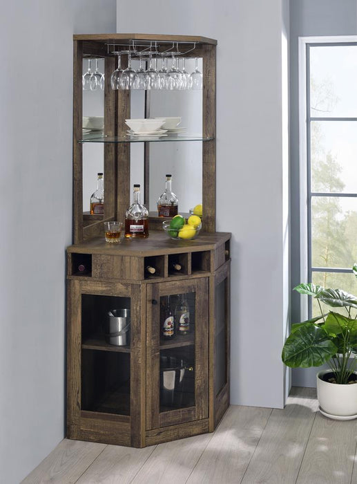 Alviso Corner Bar Cabinet with Stemware Rack Rustic Oak