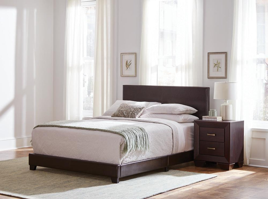 Dorian Upholstered California King, E.King, & Queen Bed Black, Brown, & Grey
