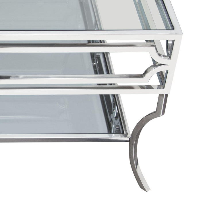 Avalon Cocktail Table with Clear Glass Top, Mirrored Shelf & Stainless Steel Frame by Diamond Sofa