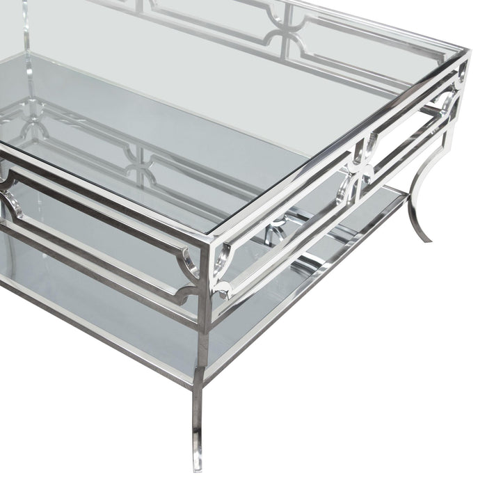 Avalon Cocktail Table with Clear Glass Top, Mirrored Shelf & Stainless Steel Frame by Diamond Sofa