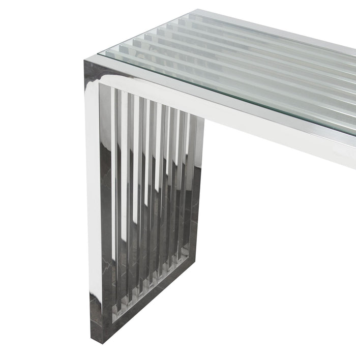 SOHO Rectangular Stainless Steel Console Table w/ Clear, Tempered Glass Top by Diamond Sofa