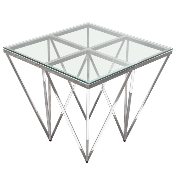 Omni Square End Table with Clear Tempered Glass Top and Polished Stainless Steel Base by Diamond Sofa