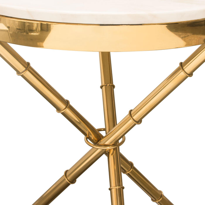 Reed Round Accent Table with White Marble Top and Gold Finished Metal Base by Diamond Sofa