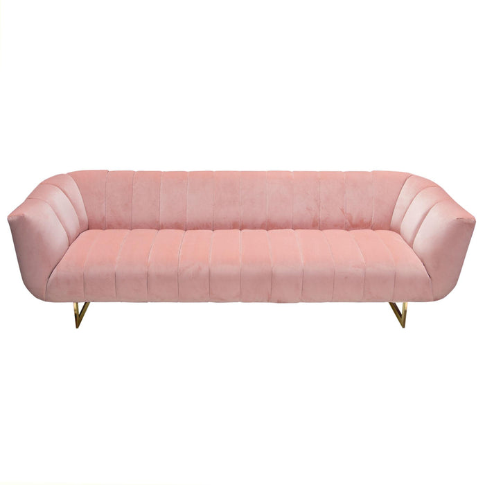 Venus Sofa in Blush Pink Velvet w/ Contrasting Pillows & Gold Finished Metal Base by Diamond Sofa