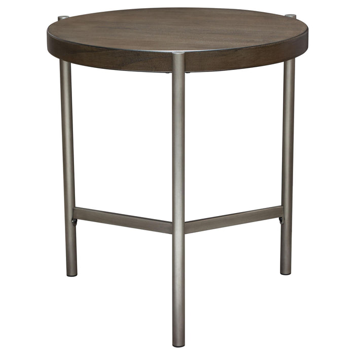 Atwood 22" Round End Table w/ Grey Oak Veneer Top & Brushed Silver Metal Base by Diamond Sofa