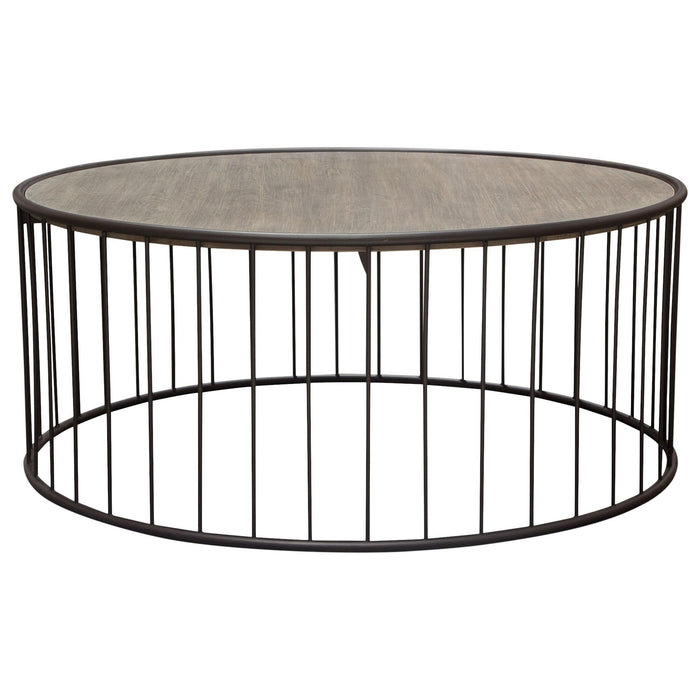 Gibson 38" Round Cocktail Table with Grey Oak Finished Top and Metal Base by Diamond Sofa