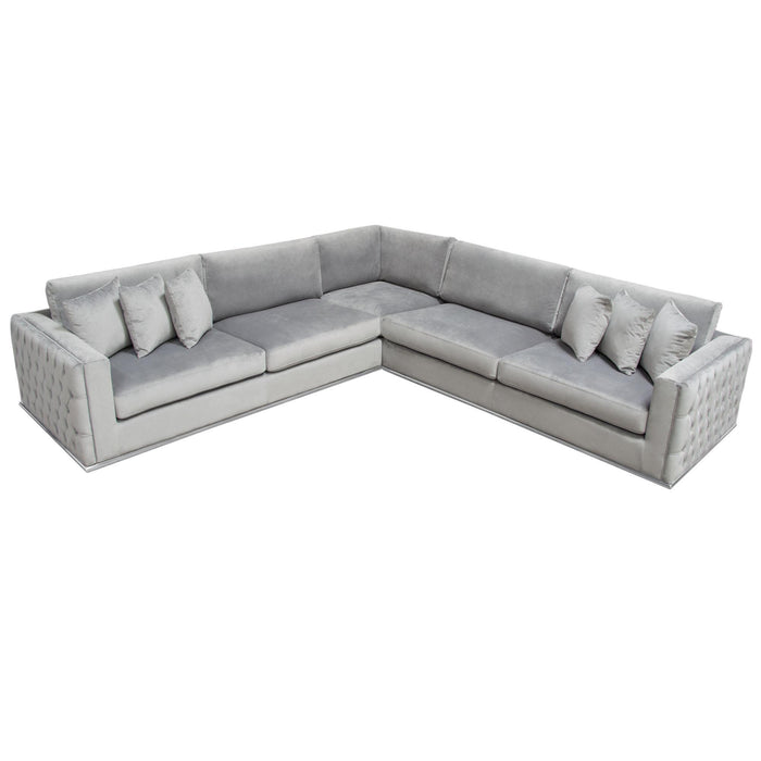 Envy 3PC Sectional in Platinum Grey Velvet with Tufted Outside Detail and Silver Metal Trim by Diamond Sofa