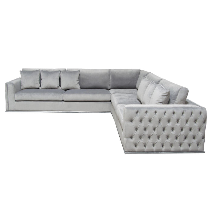 Envy 3PC Sectional in Platinum Grey Velvet with Tufted Outside Detail and Silver Metal Trim by Diamond Sofa