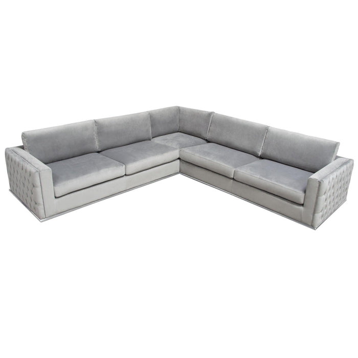 Envy 3PC Sectional in Platinum Grey Velvet with Tufted Outside Detail and Silver Metal Trim by Diamond Sofa