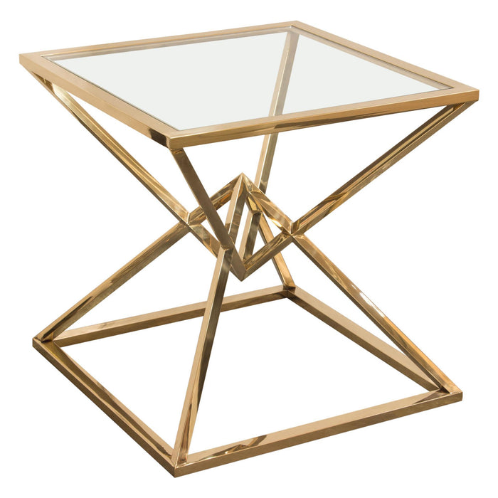 Aria Square Stainless Steel End Table w/ Polished Gold Finish Base & Clear, Tempered Glass Top by Diamond Sofa