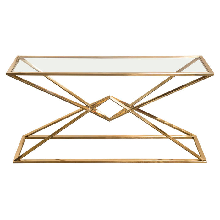 Aria Rectangle Stainless Steel Console Table w/ Polished Gold Finish Base & Clear, Tempered Glass Top by Diamond Sofa