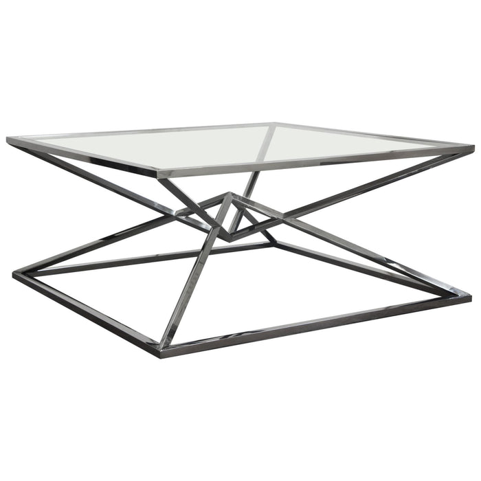 Aria Square Stainless Steel Cocktail Table w/ Polished Black Finish Base & Clear, Tempered Glass Top by Diamond Sofa