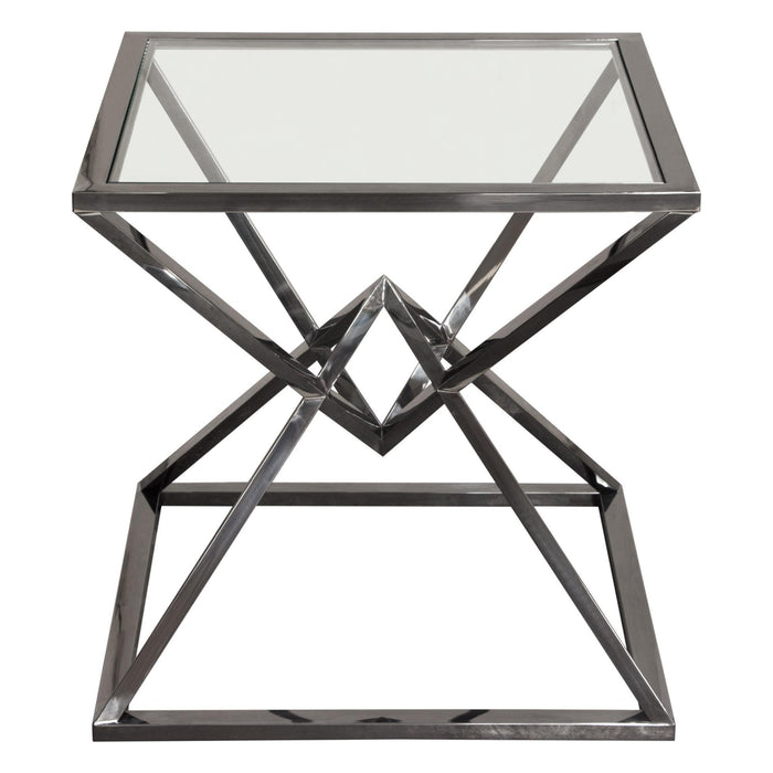 Aria Square Stainless Steel End Table w/ Polished Black Finish Base & Clear, Tempered Glass Top by Diamond Sofa