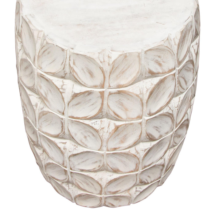 Fig Solid Mango Wood Accent Table in Distressed White Finish w/ Leaf Motif by Diamond Sofa