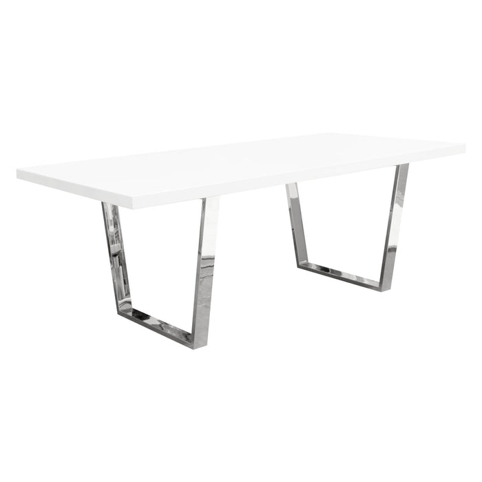 Mirage Rectangular Dining Table w/ White Lacquer Top and Polished Silver Metal Base by Diamond Sofa