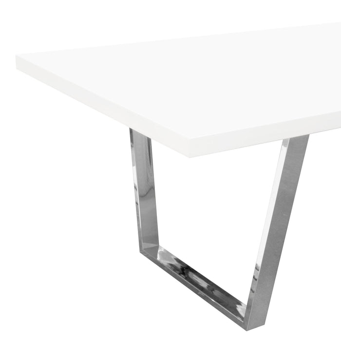 Mirage Rectangular Dining Table w/ White Lacquer Top and Polished Silver Metal Base by Diamond Sofa