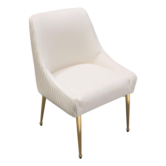 Set of (2) Quinn Dining Chairs w/ Vertical Outside Pleat Detail and Contoured Arm in Cream Velvet w/ Brushed Gold Metal Leg by Diamond Sofa