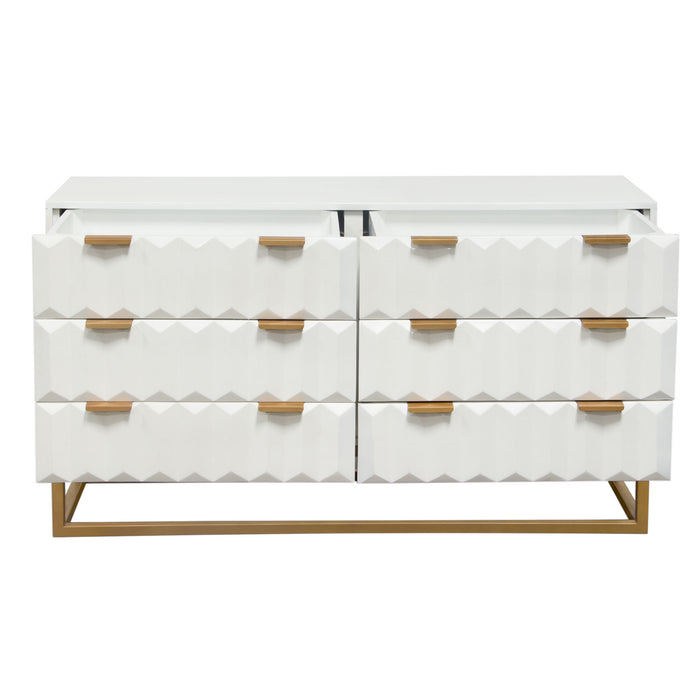 Spectrum 6-Drawer Solid Mango Wood Dresser in White Finish w/ Gold Finished Iron Legs by Diamond Sofa