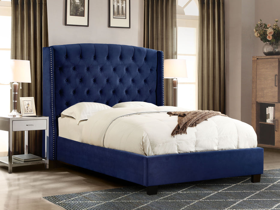 Majestic Eastern King Tufted Bed in Royal Navy Velvet with Nail Head Wing Accents by Diamond Sofa