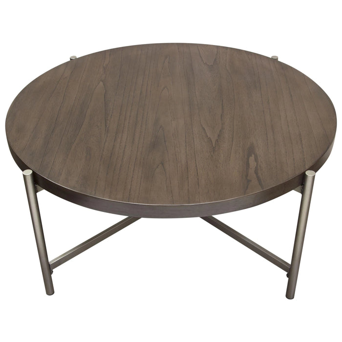Atwood 40" Round Cocktail Table w/ Grey Oak Veneer Top & Brushed Silver Metal Base by Diamond Sofa
