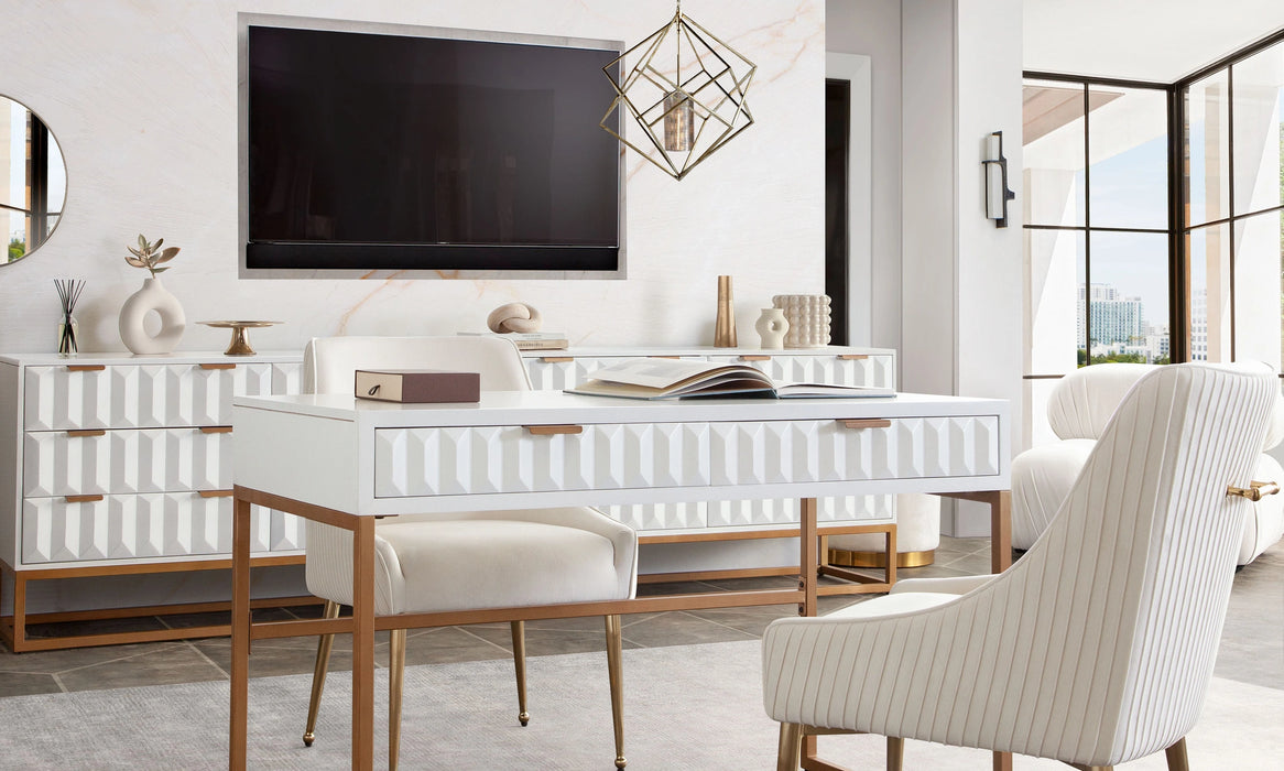 Spectrum 2-Drawer Solid Mango Wood Desk in White Finish w/ Gold Finished Iron Legs by Diamond Sofa